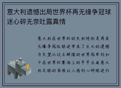 意大利遗憾出局世界杯再无缘争冠球迷心碎无奈吐露真情